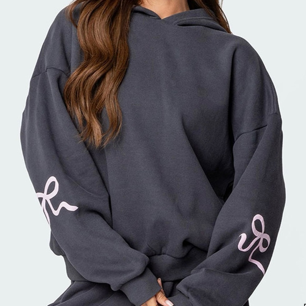 Edikted charcoal Hoodie with Light Pink bows. Worn 2x. Currently sold for $88!